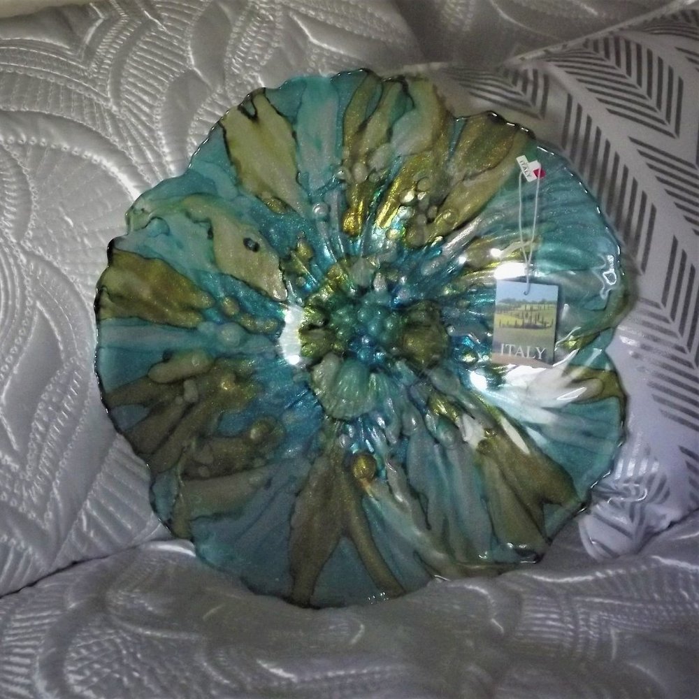 LARGE ART GLASS PLATE -TURQUOISE/GOLD from Italy